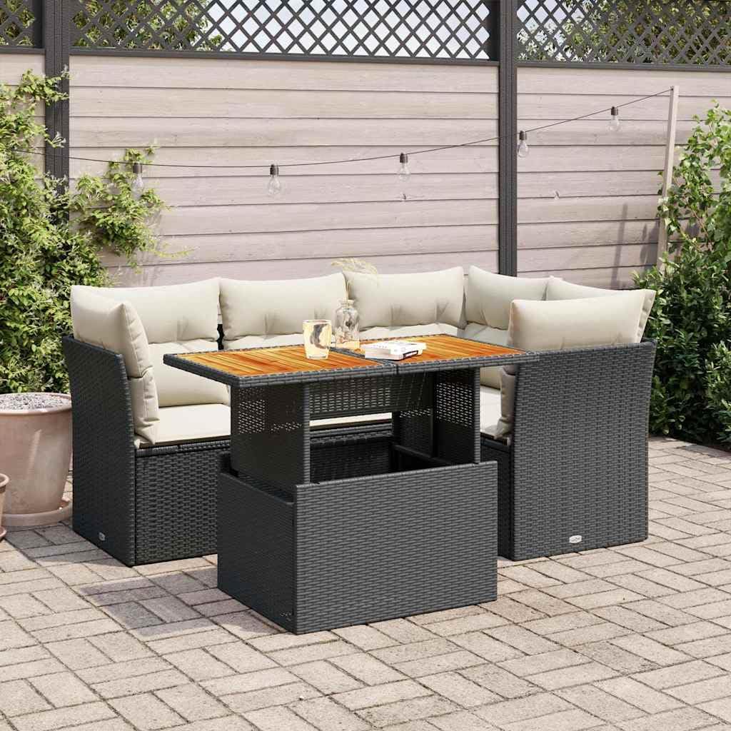 5-Piece Outdoor Sofa Set with Black and Cream White Finish, Modern Patio Furniture for Lounging, Washable Cushions and Sturdy Steel Rattan Construction, Weather-Resistant
