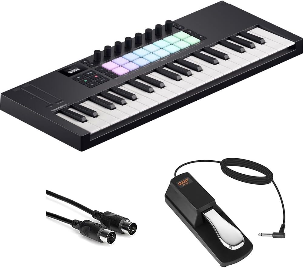 Novation Launchkey Mini 37 MK4 USB MIDI Keyboard Controller (37 Mini Keys) Bundle with Auray FP-P1L Universal Piano-Style Sustain Pedal and Hosa Mid-310 Black 10 ft. Midi cable