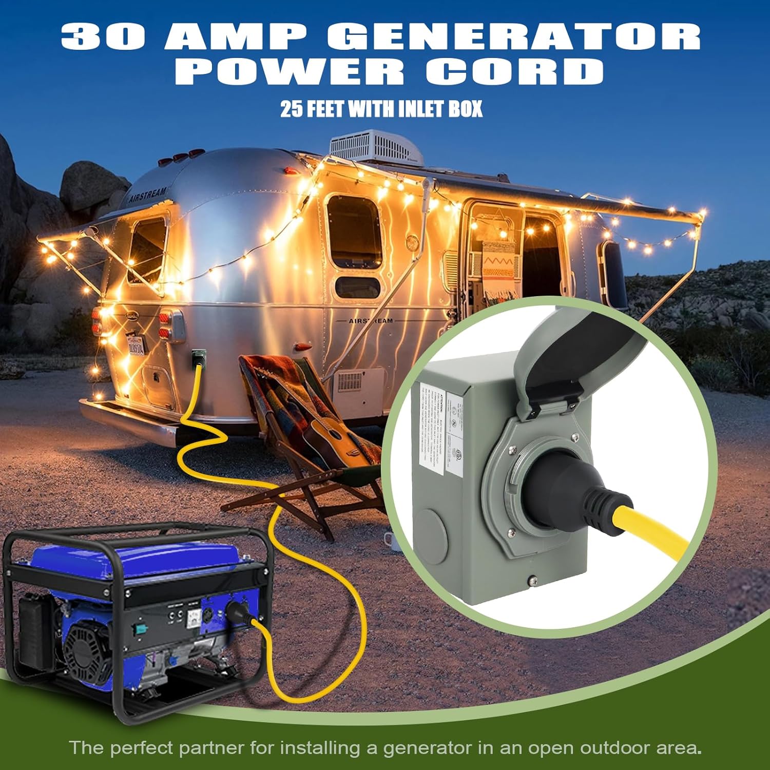 Wadoy 3 Prong Generator Cord 30 Amp, Yellow SJTW 3X10AWG Generator Power Inlet Box and 25Ft Generator Power Extension Cord NEMA L5-30P to L5-30R 125V, 3750W Power Inlet Organizer Combo Kit ETL Listed