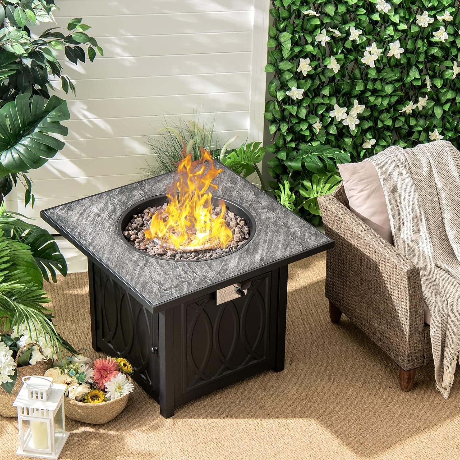 Tangkula 32 Inches Gas Fire Pit Table, 50,000 BTU Square Propane Firepit with High-Temp Resistant Tabletop, Adjustable Flame Lava Rocks and Waterproof Cover, Outdoor Fire Pit Table (Black)