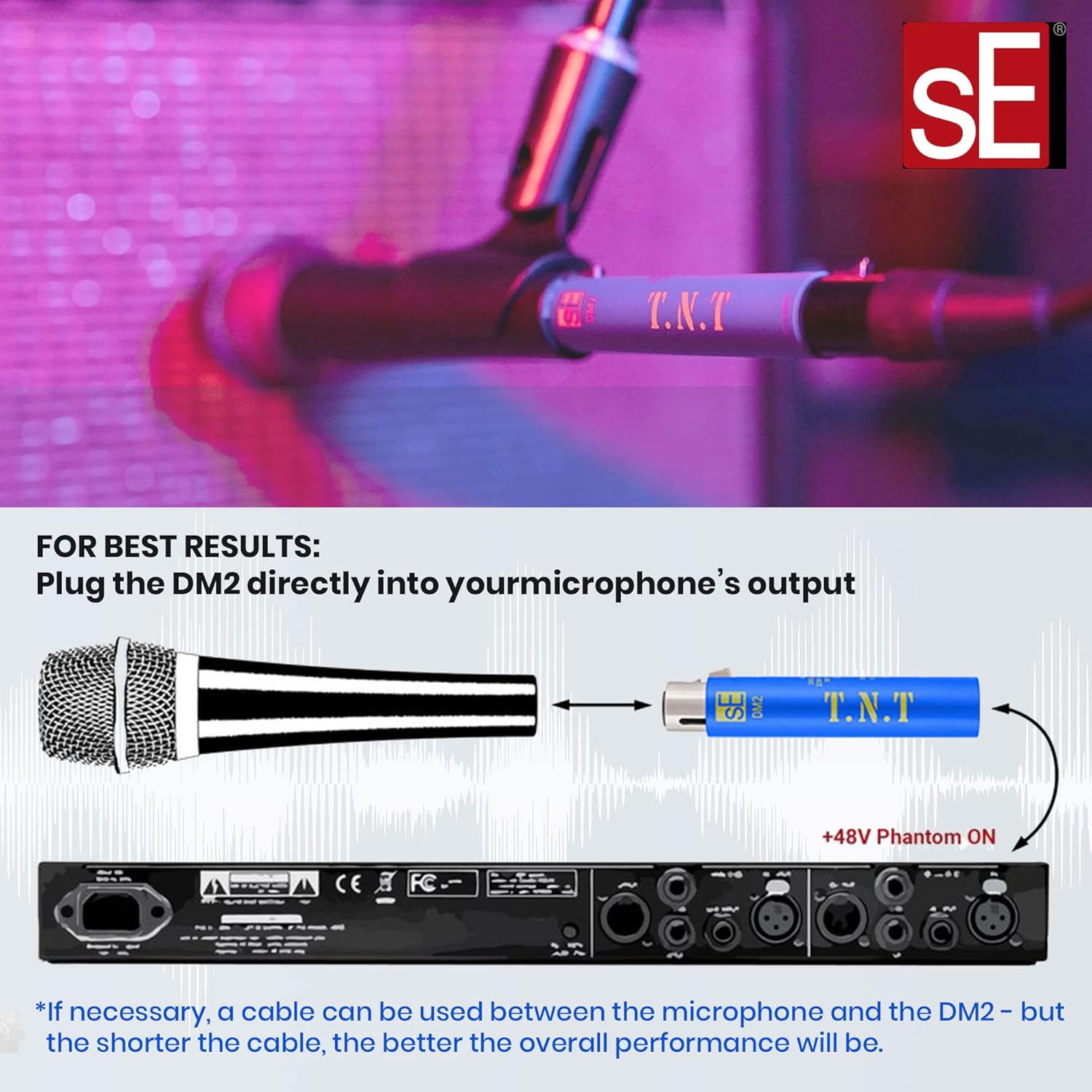 SE Electronics Dynamite Active In-line Mic Preamp with Selectable Gain and Impedance with 2 XLR Mic Cables XLR-M to XLR-F and 7-pack Reusable Cable Ties