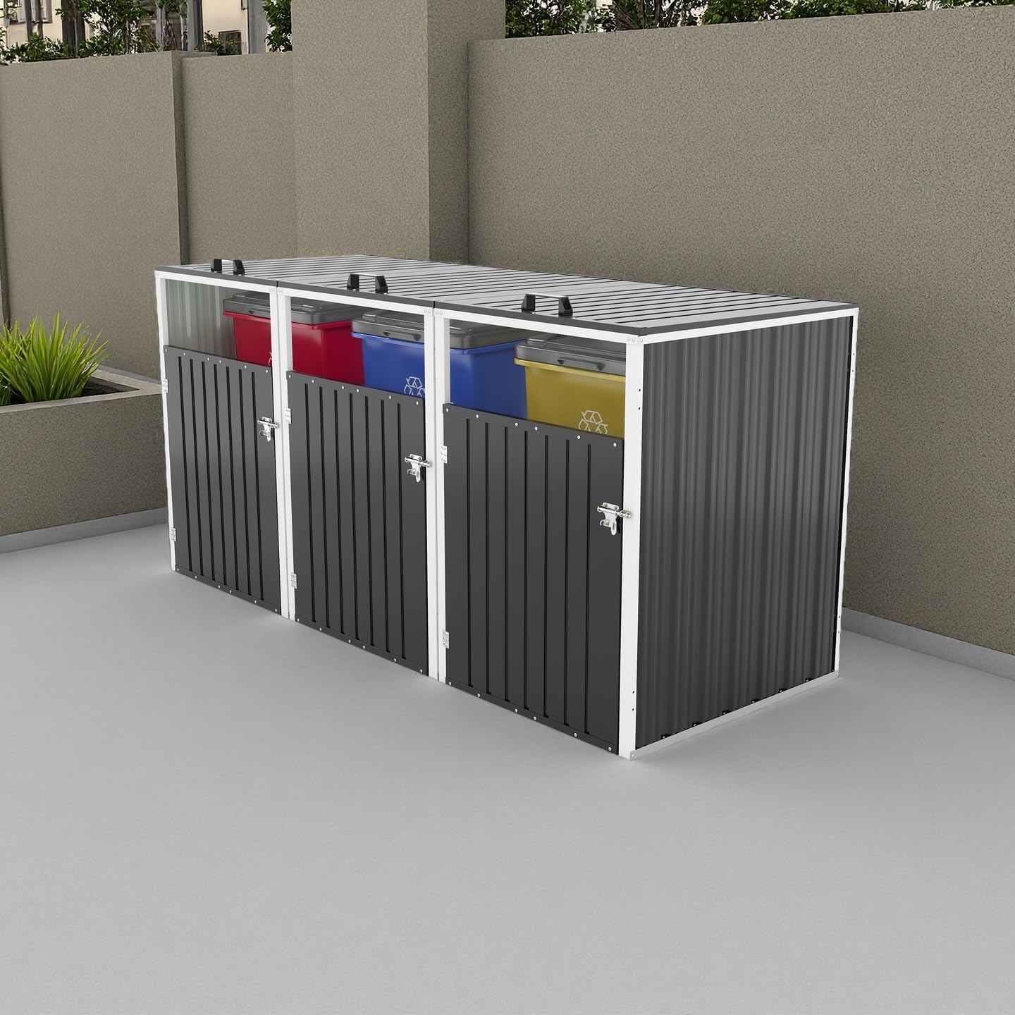 Galvanized Steel Outdoor Trash Can Storage Shed,Trash can Hider outdoor-3-Bin Capacity with Pneumatic Support Rods,Lockable Doors,Waterproof Lid Chains,for Patio Garden Backyard (Dark Gray)