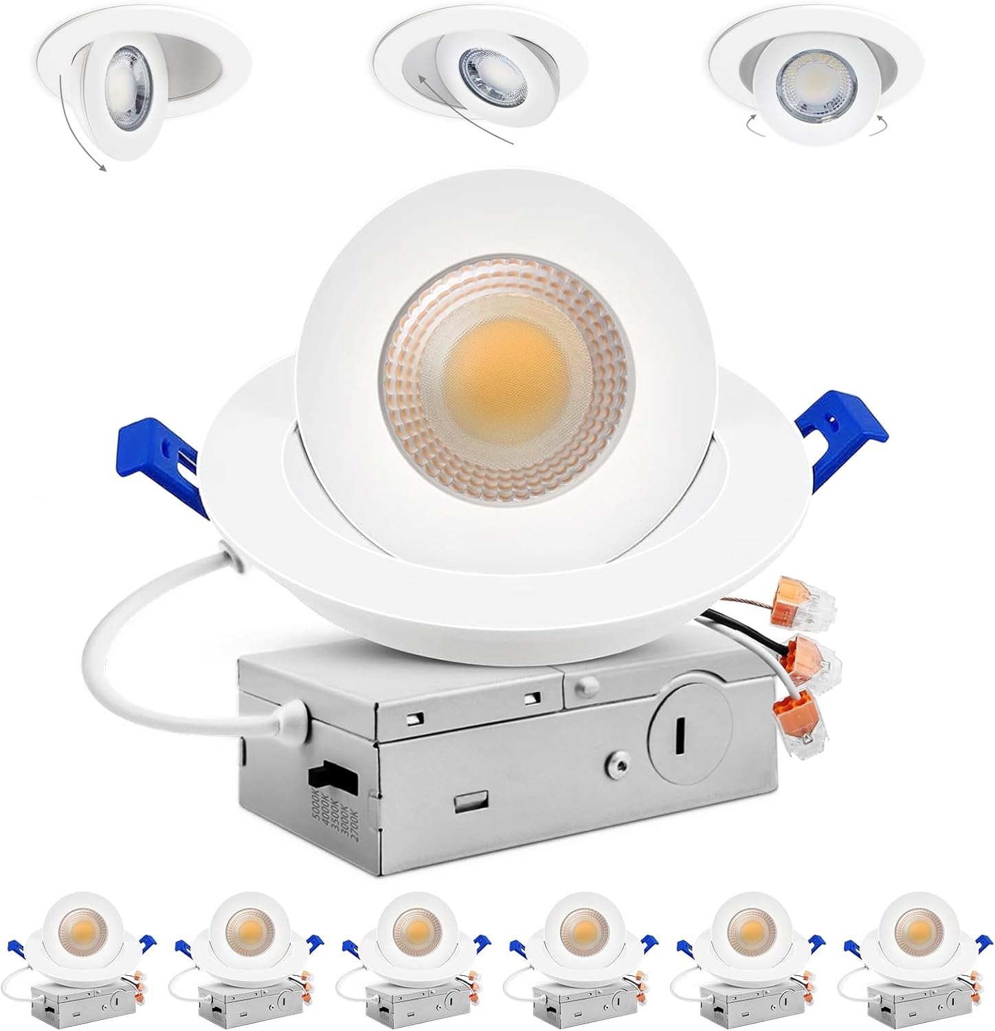 Adetu 4 inch 5CCT Gimbal Led Recessed Lights, 360°+90° Adjustable Directional Recessed Lighting, 2700K/3000K/3500K/4000K/5000K Dimmable Retrofit Eyeball Can Lights with Jbox, ETL(White, 6 Pack)