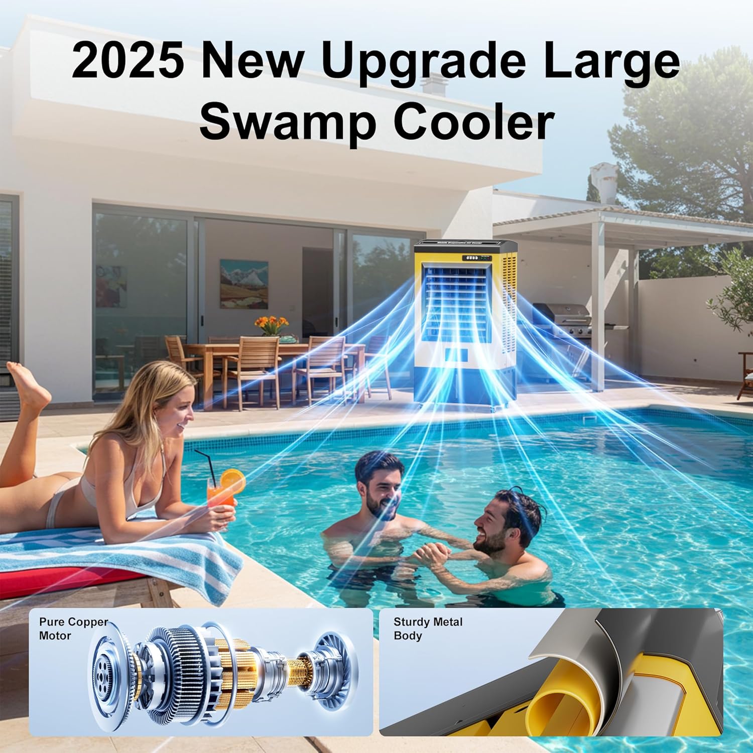 AKIRES 8980CFM Swamp Coolers,Evaporative Air Cooler for 1735Sq.ft of Space,with Continuous Auto Fill,36-Gal Water Tank,120°Oscillation,5 Ice Packs,Cooling Fan for Outdoor,Indoor Yellow(57IN)