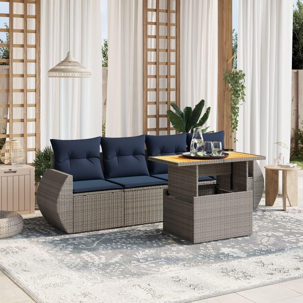 5 Piece Patio Sofa Set with Cushions, Gray Poly Rattan Outdoor Furniture, Adjustable Dining Table, UV-Proof Balcony Furniture for Garden