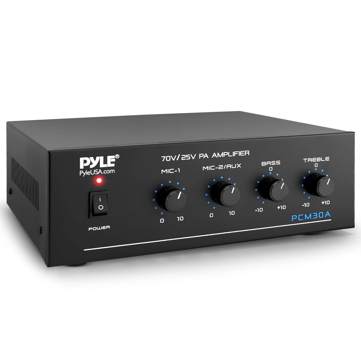 Pyle Compact Mini Home Power Amplifier - 60W Public Address System w/ RCA, 2 Microphone IN, 25/70 Volt Outputs, LED, Input Selector, Mic Talkover, Telephony, Music On Hold - PCM30A
