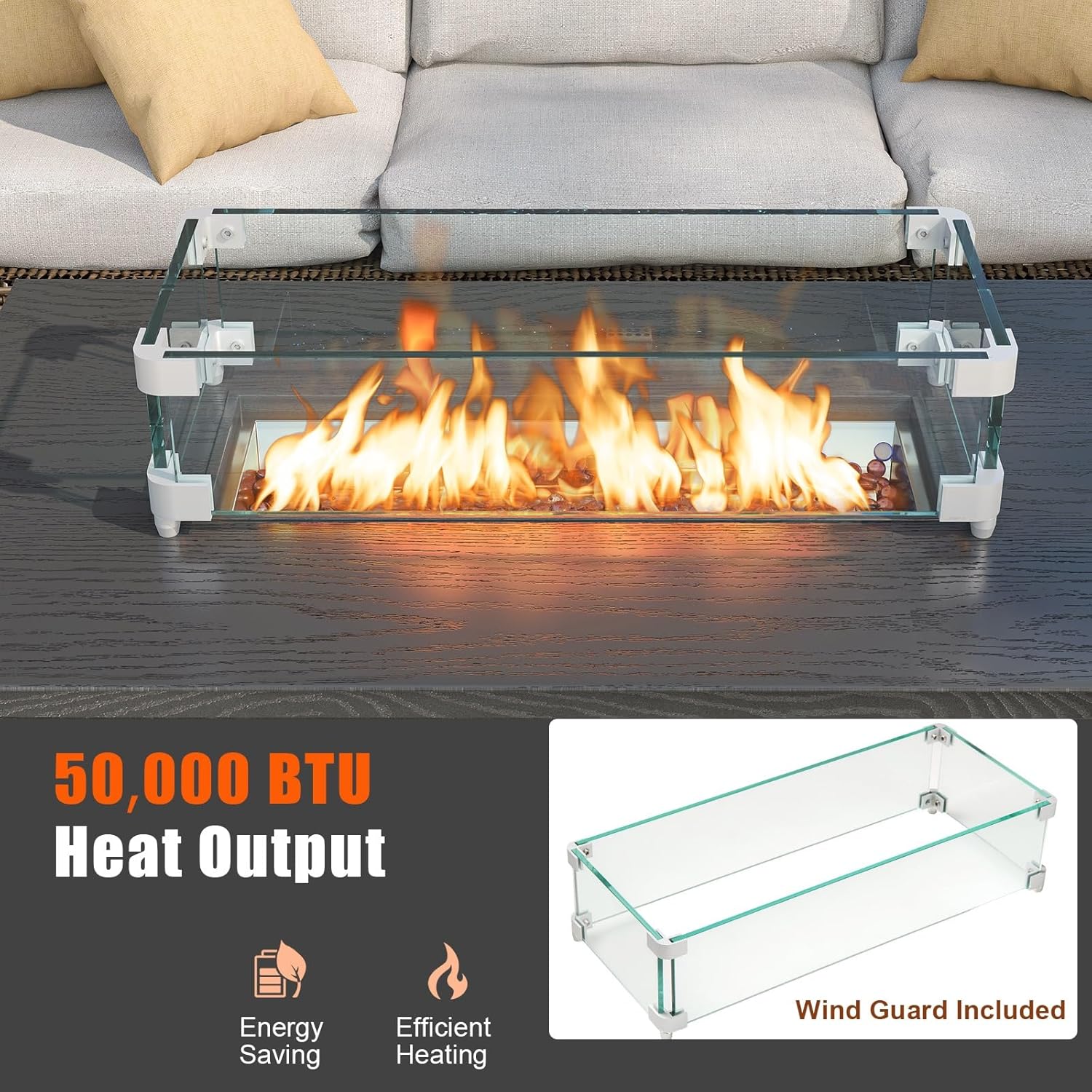 Tangkula Outdoor Propane Fire Pit Table, 42 Inch Rectangular Rattan Fire Table with Wind Guard & Glass Rocks, 50,000 BTU Smokeless Gas Fire Pit for Outside Patio (Brown)