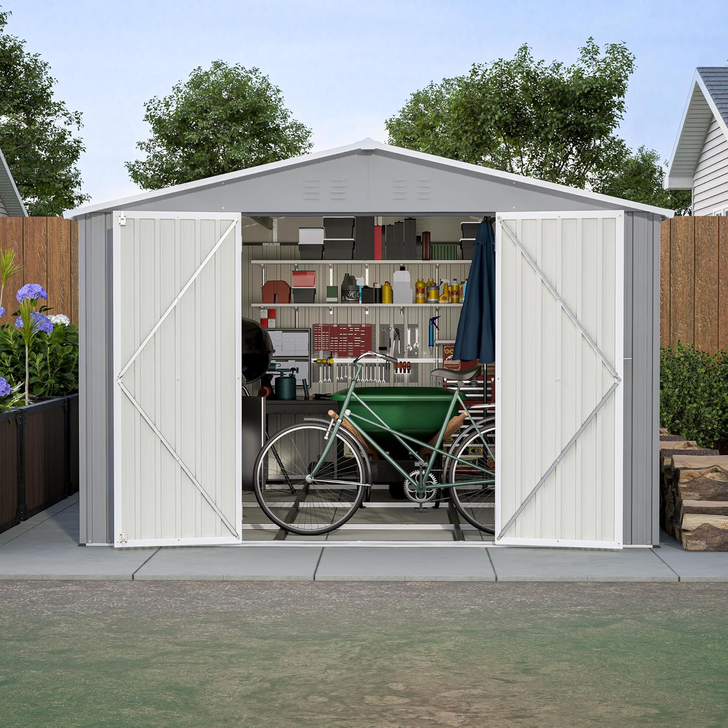 10 x 12 ft. Outdoor Storage Shed with Floor Frame Kit, Galvanized Steel Garden Shed, Metal ShedsGarden Tool Shed with Double Lockable Doors for Backyard Patio Lawn, Gray