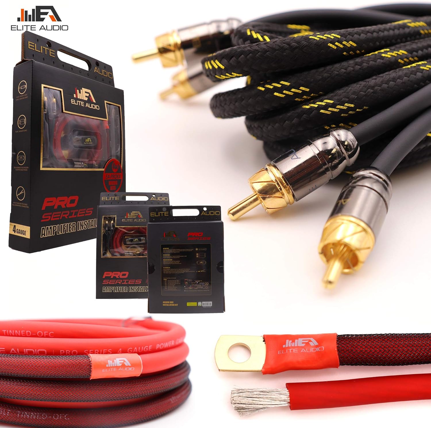 Elite Audio, EA-PROK4 + EA-PRO417, Pro Series Amplifier Wiring Kit and 4-Channel RCA Combo, 4000 Watts Max Power, 4GA Cables, Dual RCA Sets, ANL Fuse and Holder