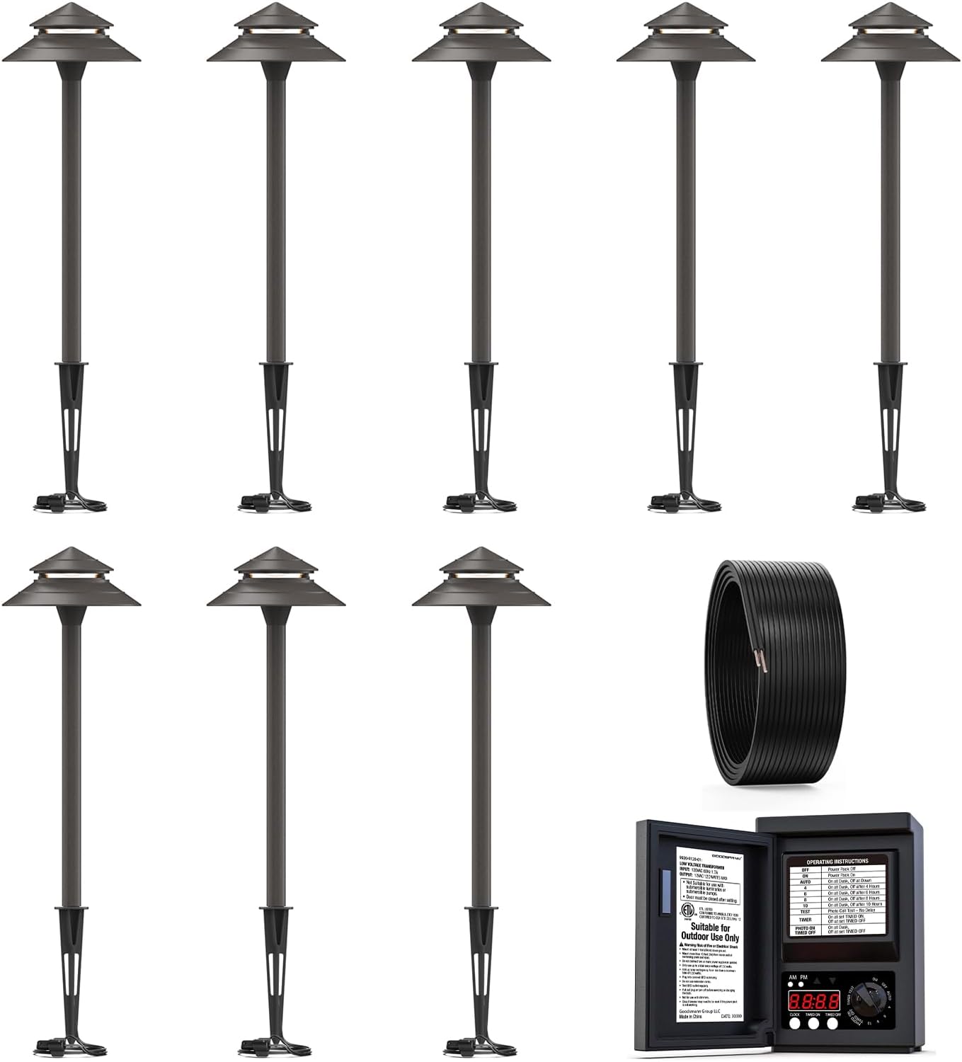 GOODSMANN Landscape Lighting 120W Low Voltage Transformer with 8PK Pathway Lights Low Voltage and 1PK 16/2 100FT Outdoor Lighting Wire