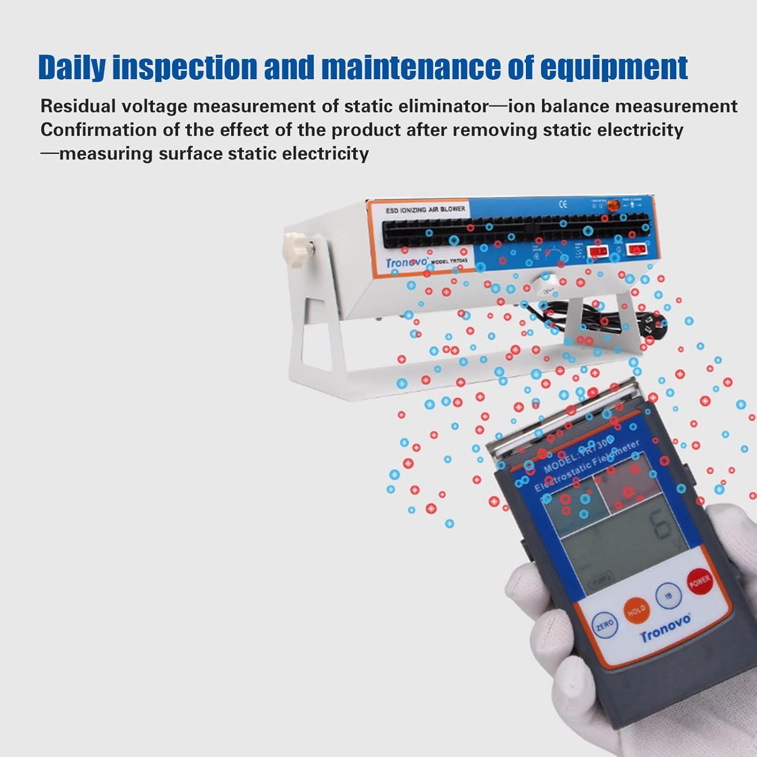 Anti-Static Ion Fan with Adjustable Airflow, Warm Air and Self-Cleaning Brush for Static Electricity Elimination in Electronic Production Lines and Maintenance Stations