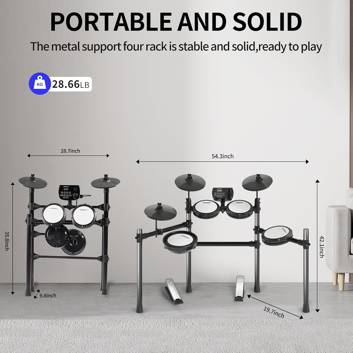 MOSEN Electric Drum Set with 4 Quiet Mesh Drum Pads, Cymbals, Sticks, Headphones, USB MIDI, Kick Pedal, 195+ Sounds and 25 Drum Kits for Beginner MED-X3