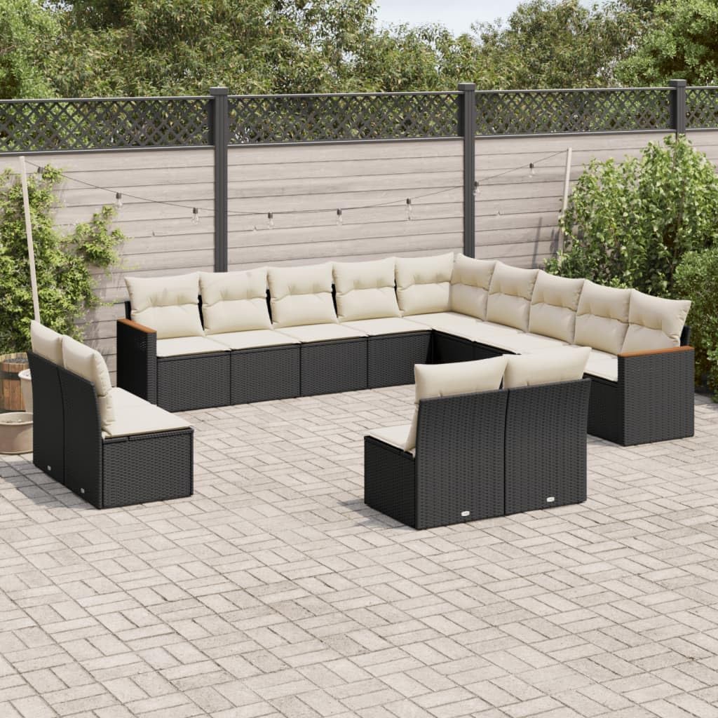 Garden Sofa Set Black, Cream White Poly Rattan, Powder-Coated Steel, 13-Piece Modular Outdoor Patio Furniture for Terrace, UV Resistant