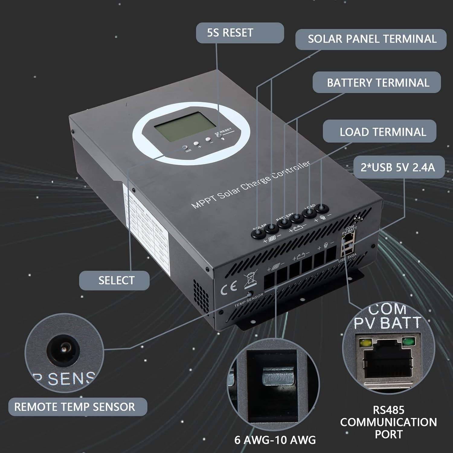 100A MPPT Solar Charge Controller 12V/24V/36V/48V Auto, PV 150V Max Input, 100A Solar Panel Regulator, 5000W Max Input Power, AGM/Gel/Flooded/Lithium Battery Compatible