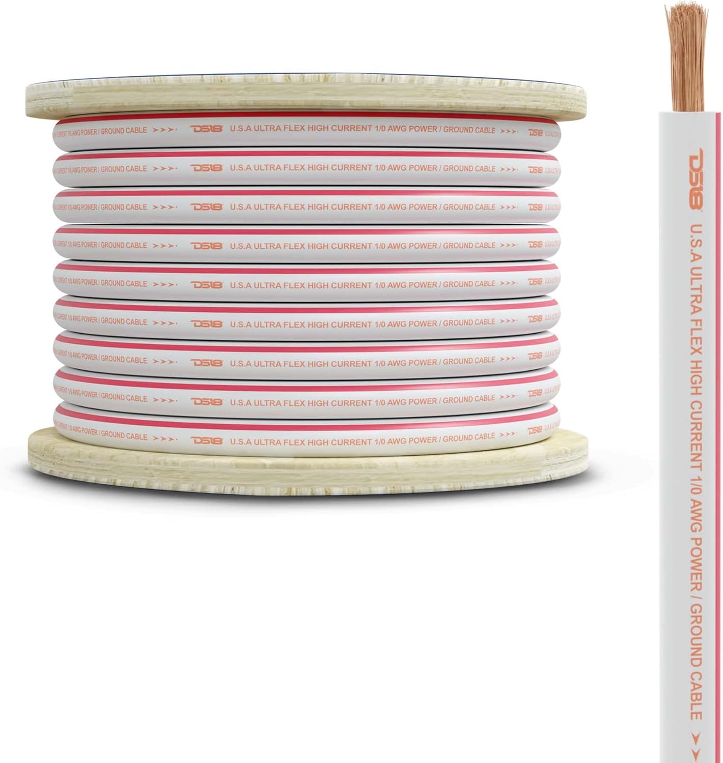 DS18 Hydro MOFC0GA25P Marine Wire 0 Gauge 25 ft Tinned 100% OFC Oxygen-Free Copper Marine Grade White/Red Amplifier Amp Power/Ground Cable 25 Feet UltraFlex