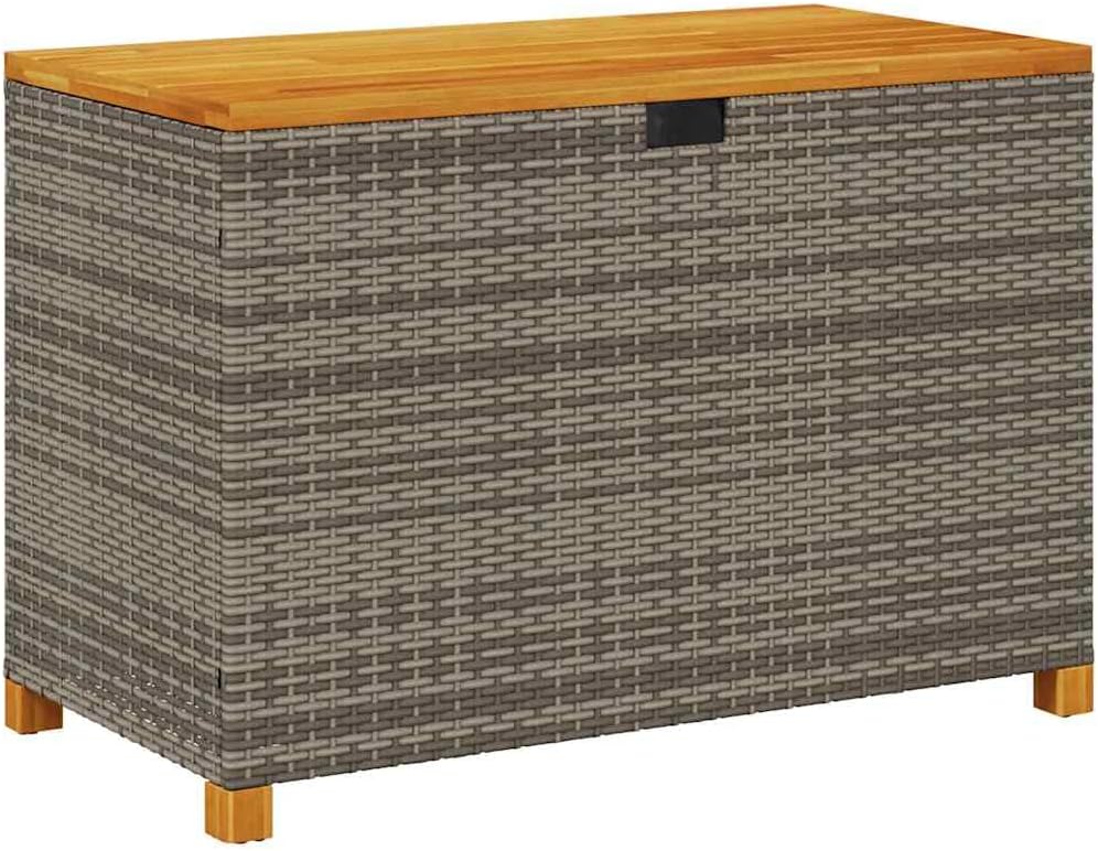 vidaXL Patio Storage Box with Lid - Outdoor Cushion Gray Poly Rattan/Acacia Wood Seat - 43.3