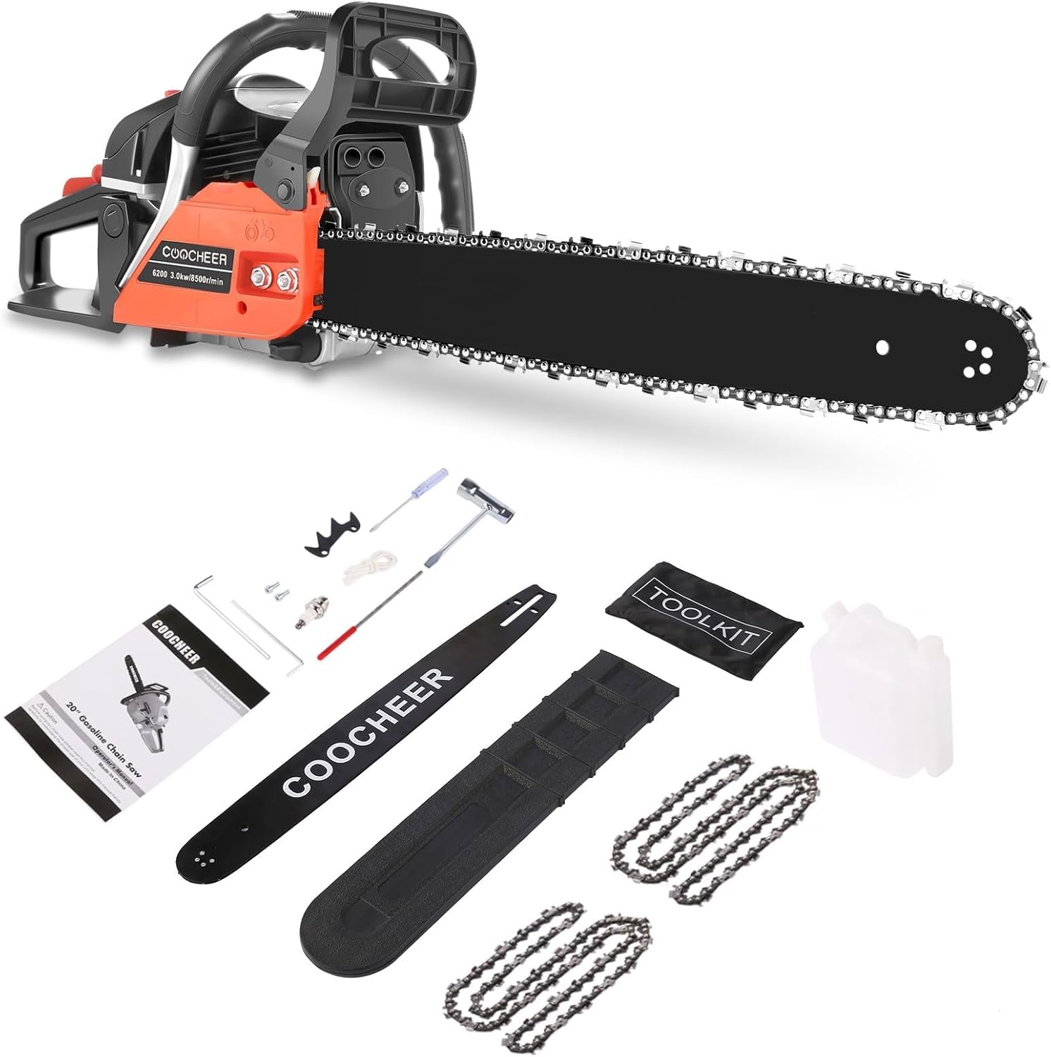 COOCHEER 62CC Gas Chainsaw 20 Inch 2-Cycle Gas Powered Chain Saws 3.5 HP Power Chain Saw Cordless Gasoline Powered Chainsaw with 2 Chains for Tree Wood Cutting