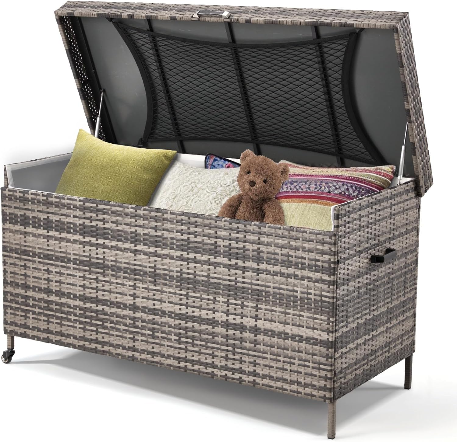 AVAWING Wicker Deck Box, Outdoor Storage Box with Portable Wheels and Handles, Patio Rattan Container for Garden, Balcony, Yard (Gray, 240 Gallon)