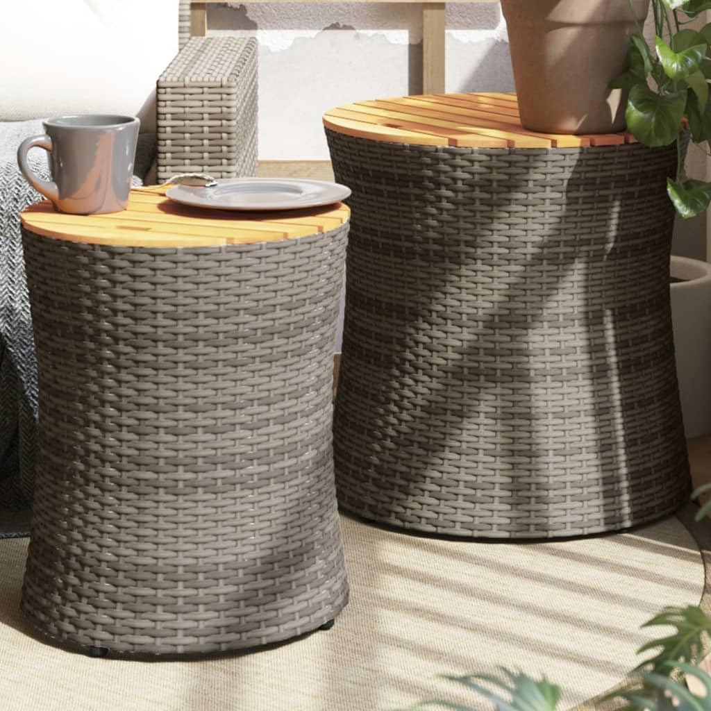 Patio Side Tables 2 pcs with Wooden Top Gray Poly Rattan,Elegant Rattan Garden Side Tables with Acacia Wood Tabletops for Outdoor Spaces Outdoor Tables, Furniture & Accessories for Patio