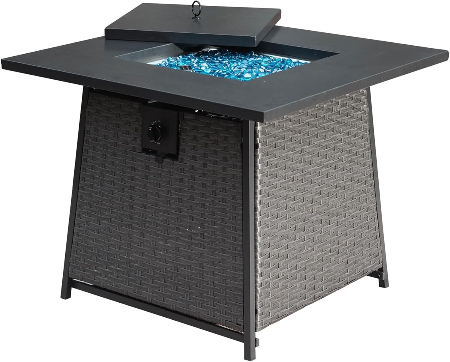 32 Inch Propane Fire Pits Table with Blue Glass Ball,50,000 BTU Outdoor Wicker Fire Table with ETL Certified,2 in 1 Square Steel Gas Firepits (Dark Gray)