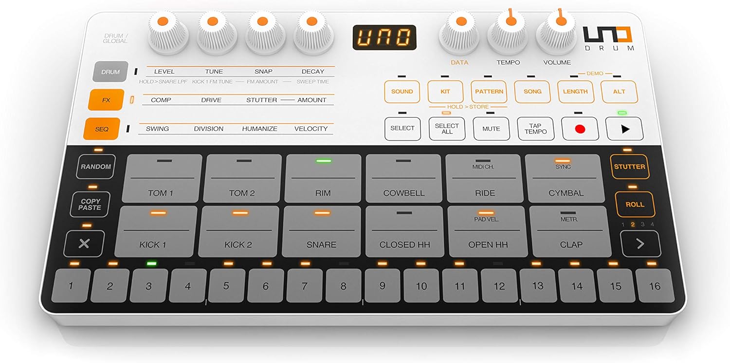 IK Multimedia UNO Drum analog and digital drum machine with 6 analog voices, 64-Step Sequencer, USB and 2.5mm MIDI, 100 pattern presets, battery-powered and portable