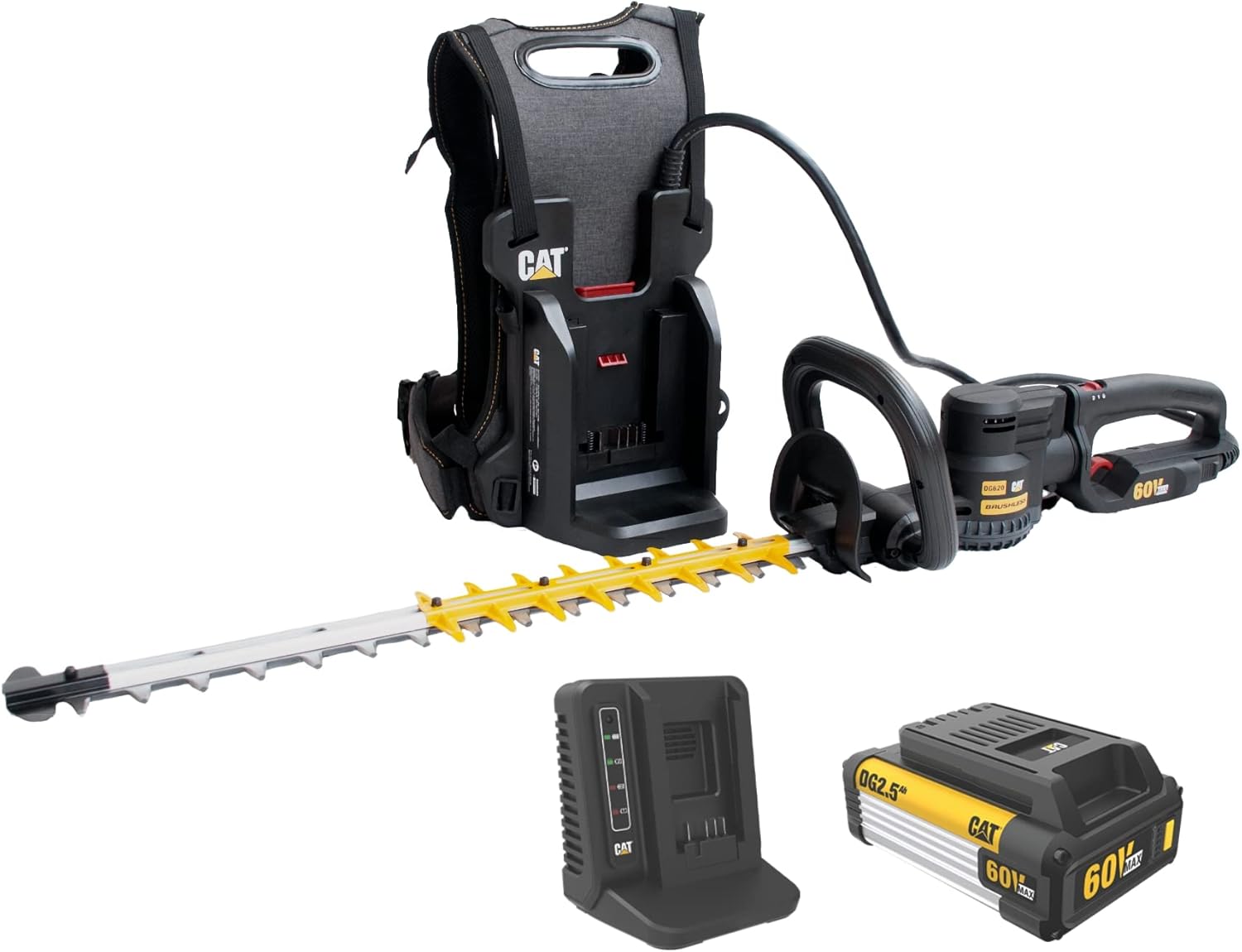 Cat DG620 60V 25” Brushless 2-Speed Backpack Hedge Trimmer Cordless, Shrub Trimmer with Rotating Rear Handle, Lightweight Bush Trimmer Cordless – Battery & Charger Included