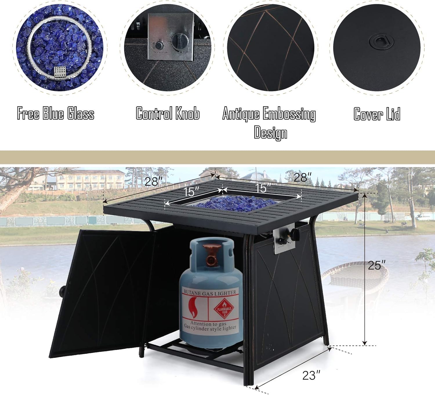 MFSTUDIO 28 Inch Propane Gas Fire Pit Table & 4 Wicker Chairs Furniture Set with Blue Fire Glass, Multi-Function Outdoor Fire Table Set, 50,000 BTU, CSA Certification