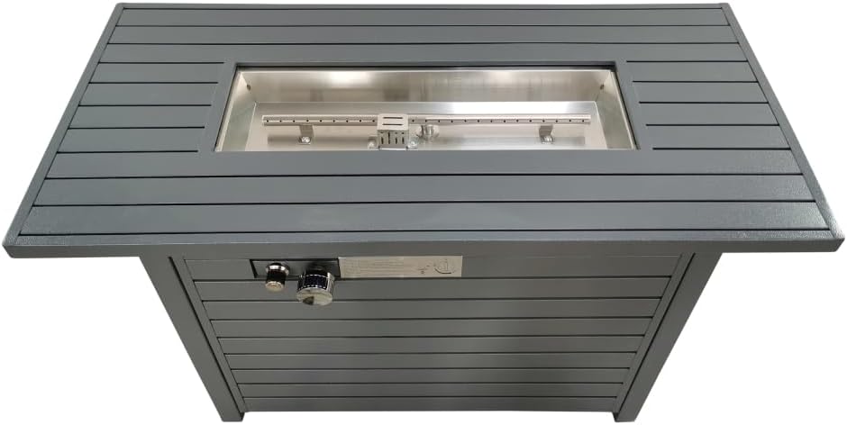 25 inch High x 42 inch Wide Grey Steel Propane-Powered Outdoor Fire Pit Table with Weather-Resistant Cover and Lid