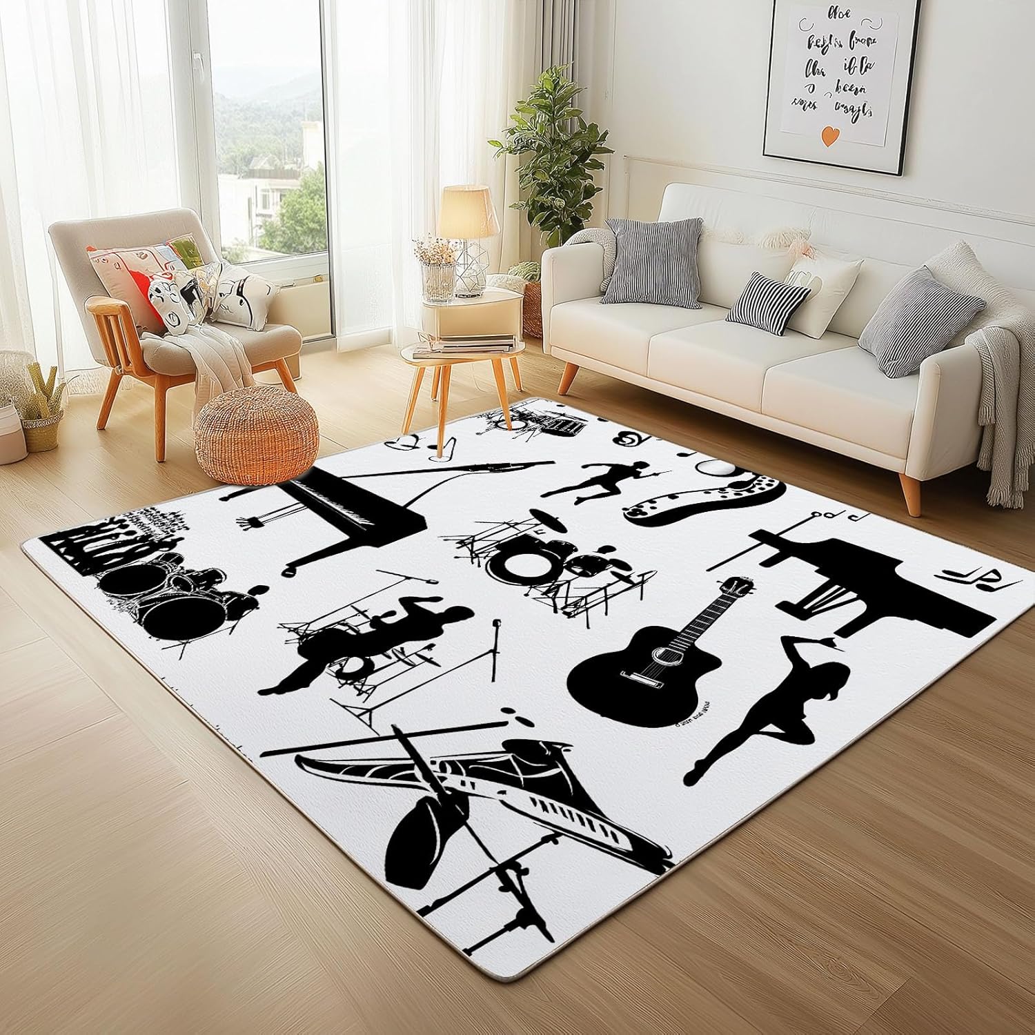 Piano Guitar Drum Set Rug 8x10 for Living Room, Musical Instrument Area Rugs for Bedroom, Black White Music Theme Carpet Low Pile, Room Decor Large Rugs, Soft Non Slip, Machine Washable Rug