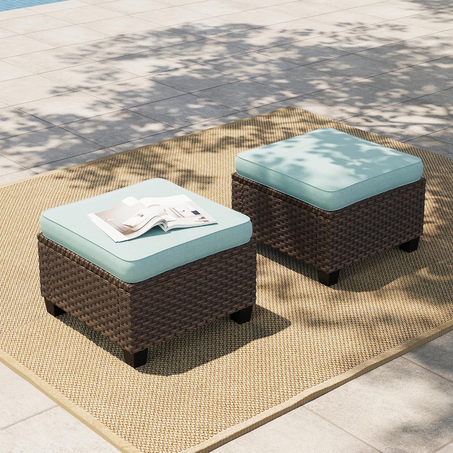 HERA'S HOUSE Outdoor Wicker Ottoman Set of 2, Patio Footstool Footrest Seat with 4
