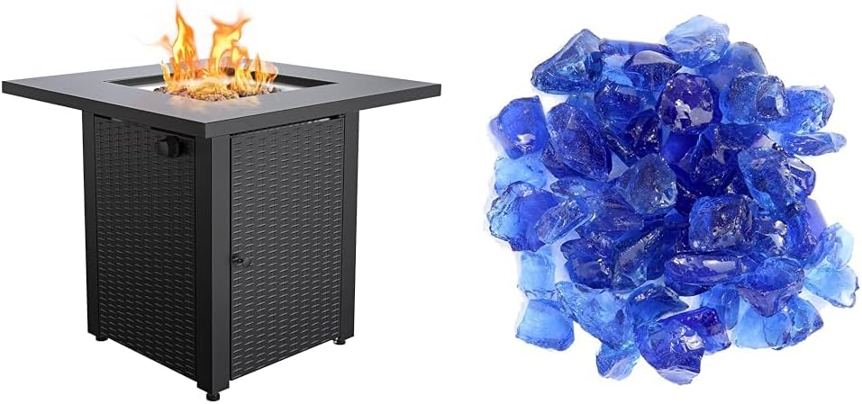 LEGACY HEATING Zeta 1 28in Propane Fire Pit Table, 50,000BTU Outdoor Gas Fire Pit & Hiland RGLASS-OB Pit Fire Glass i n Ocean Blue, Extreme Tempature Rating
