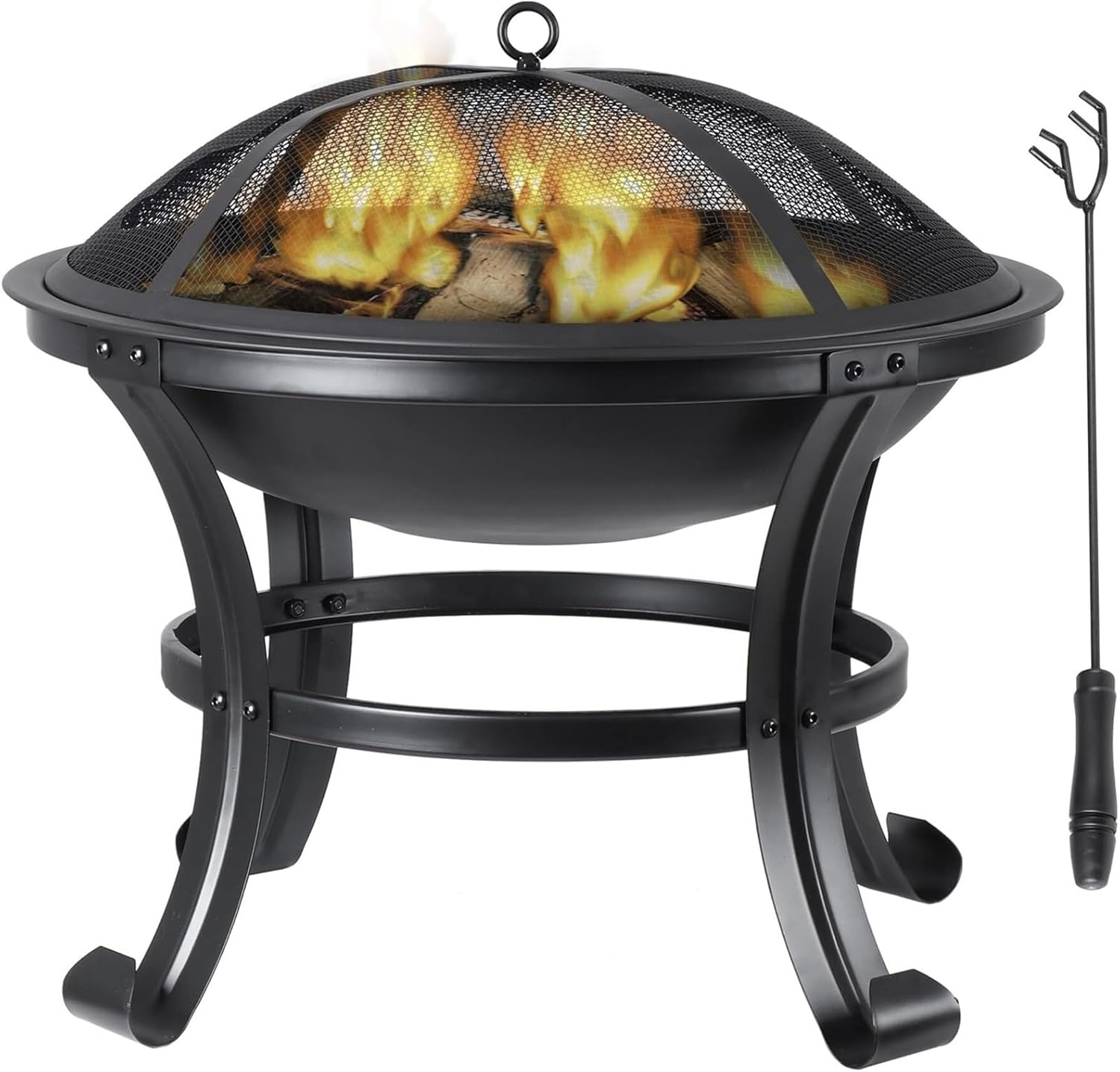 22 Inch Outdoor Fire Pit Steel Wood Burning Firepit with Mesh Screen, Fire Poker & Log Grate for Patio, Camping and Backyard BBQ