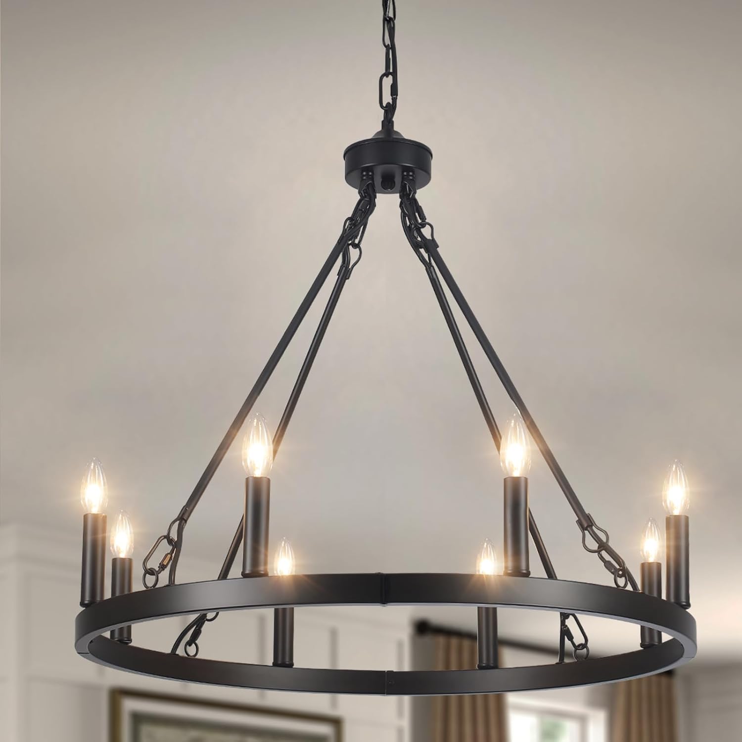LASENCHOO Round Black Wagon Wheel Chandelier Farmhouse for Dining Room Light Fixture 8 Lights Dia 23.6