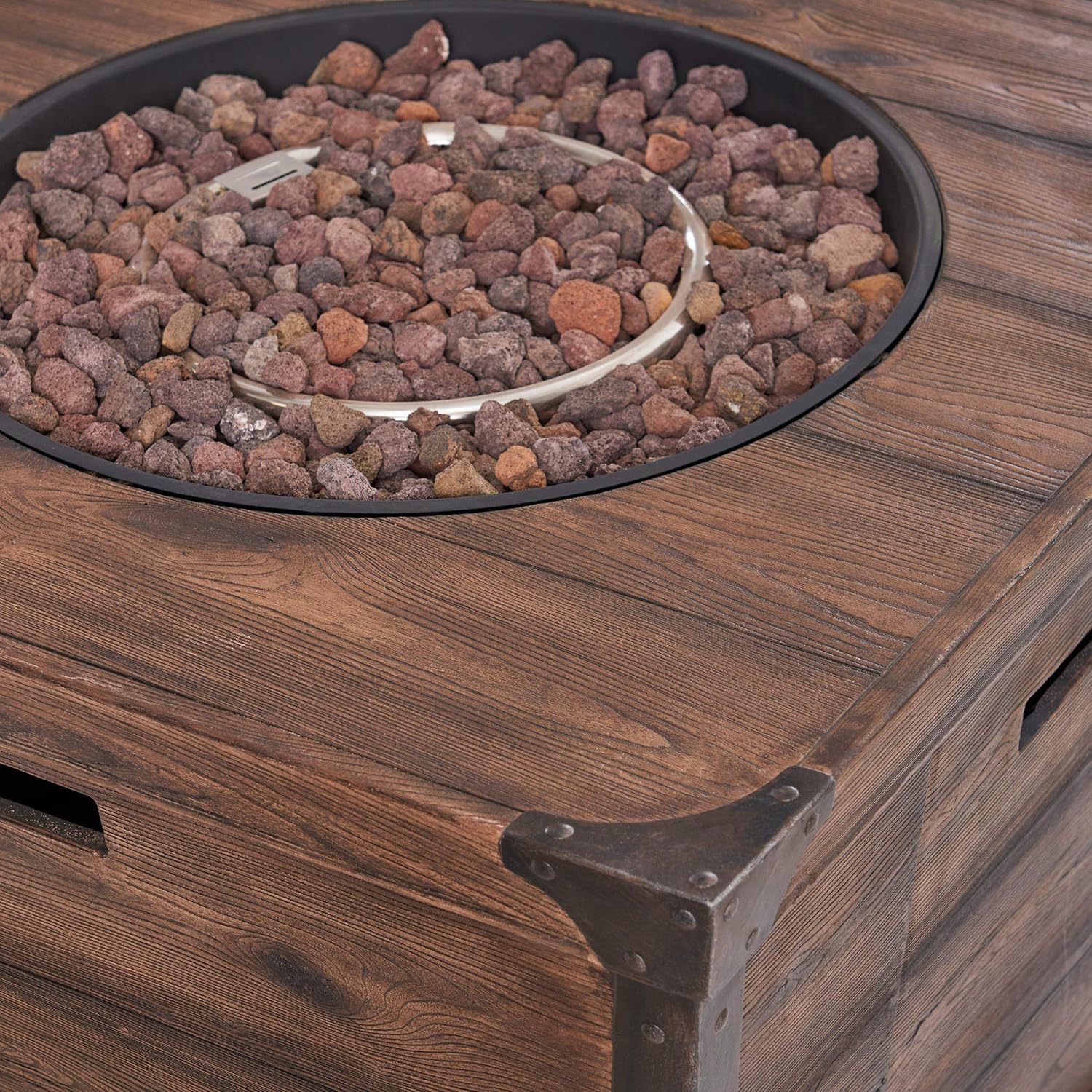 GDFStudio Outdoor 4 Piece Wood and Wicker Club Chair Set with Fire Pit, Light Gray with Mixed Black and Brown