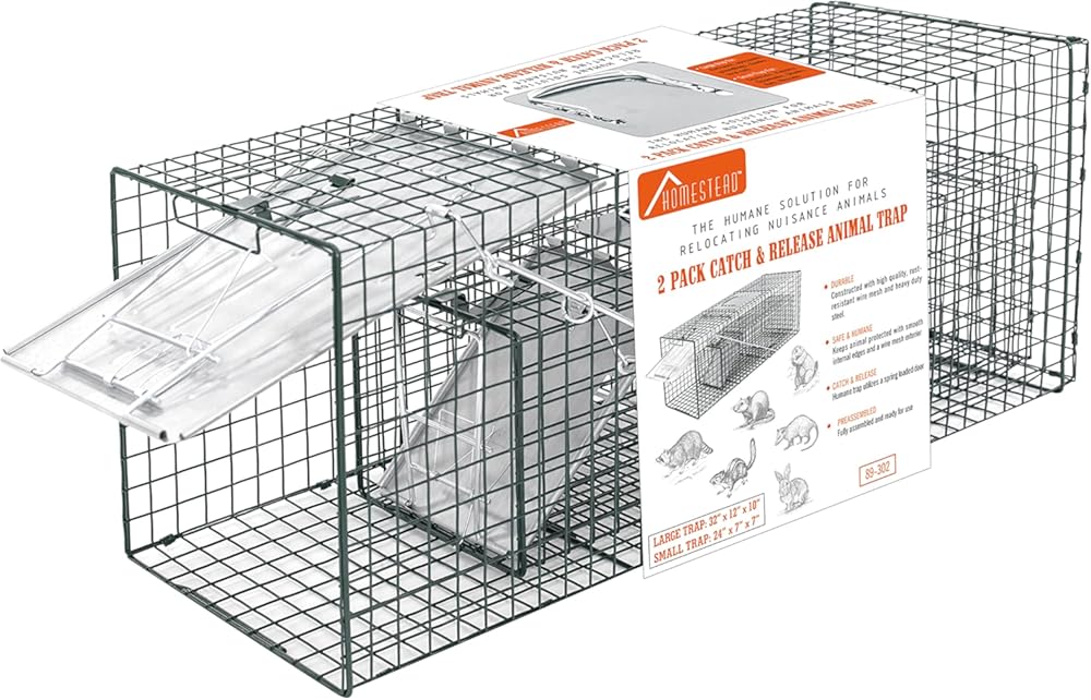 HOMESTEAD 2-Pack Live Animal Trap - Specialized for Raccoons, Opossums, Groundhogs, Skunks, Feral Cats, Squirrels - Heavy Duty Steel Traps, 1-Door, Green, Humane Catch & Release Animal Trap,89-302