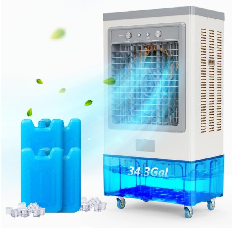 ROVSUN 9000CFM Commercial Portable Air Cooler, 34.3Gal/130L Evaporative Swamp Cooler, 3-IN-1 Cooling Fan with 3 Speeds, 4 Ice Packs, Humidifying Oscillating Fan for Shop, Factory, Garage