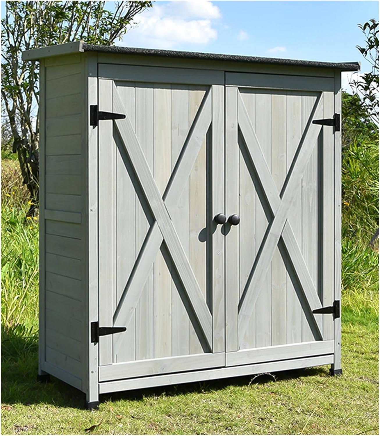 47 in Tall Wood Outdoor Shed, Garden Tool Storage Shed, Backyard Vertical Storage Organizer, Wooden Garden House with Shelves, Waterproof Roof, Garden Container, for Patio (Gray 119.5x110x55cm)