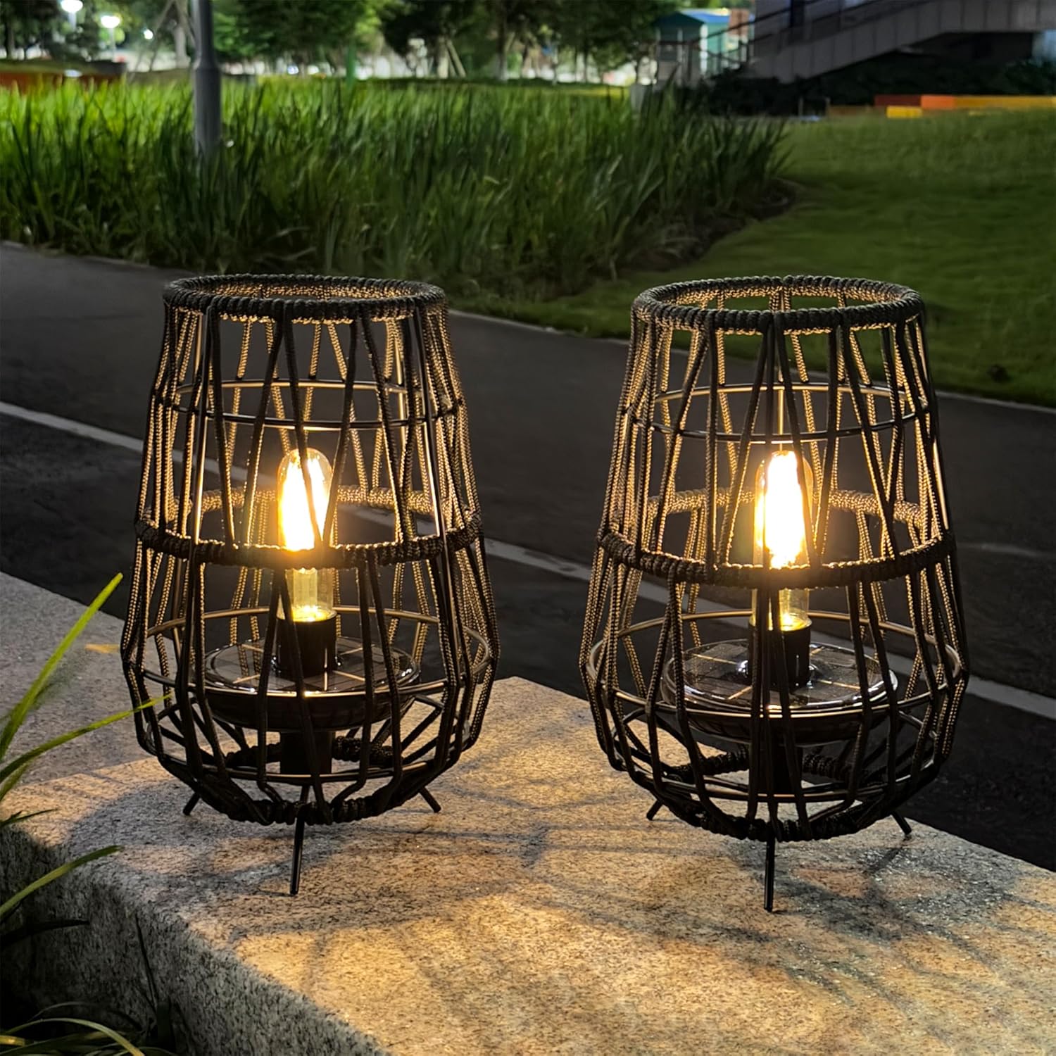 TRIROCKS Set of 2 Solar Lantern Outdoor Table Lamp Outside Hanging Solar Lights with Olifen Rope Waterproof Rattan Outside Deck Light for Patio Garden Lawn Yard (Black)