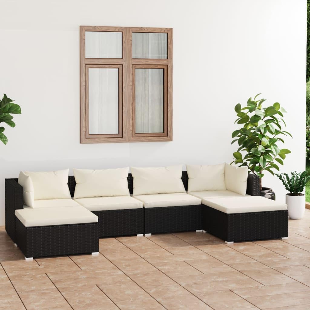 6 Piece Patio Lounge Set with Cushions Poly Rattan Black,Poly Rattan Lounge Set with Cushions for Outdoor Patio Living Room, Modular Design Patio Furniture Sets, Outdoor Furniture Sets