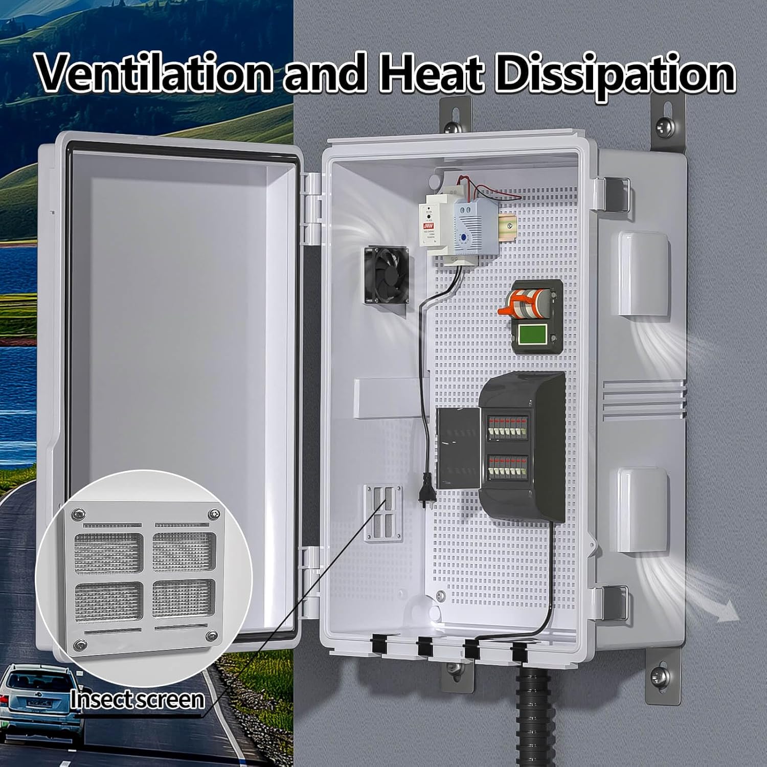 Outdoor Electrical Box with Thermostat and Fan, Ventilated Design, Cable Grommets, Indoor/Outdoor Use with Mounting Panel. (Grey Cover, 19.7