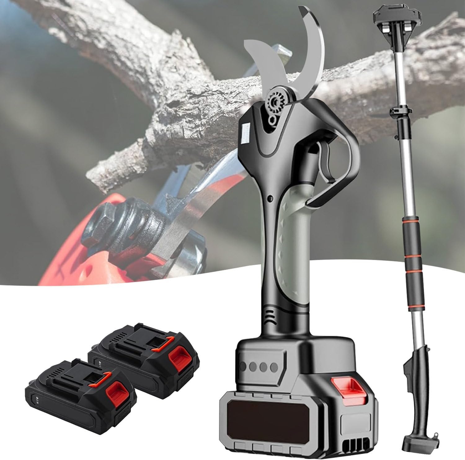 Electric Secateurs, 21V Cordless Pruning Shears, 2×4.5Ah Battery Powered Garden Pruner, 2.1M Telescopic Branch Scissors, 50mm Cutting Diameter