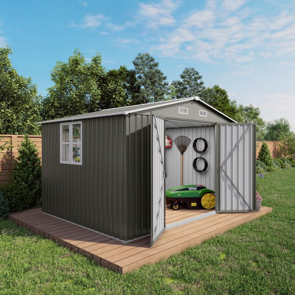 6X3.6FT Metal Storage Shed - Peaked Roof Tool Shed Clear Window Lockable Door for Garden Backyard Patio (10x8FT+Gray)