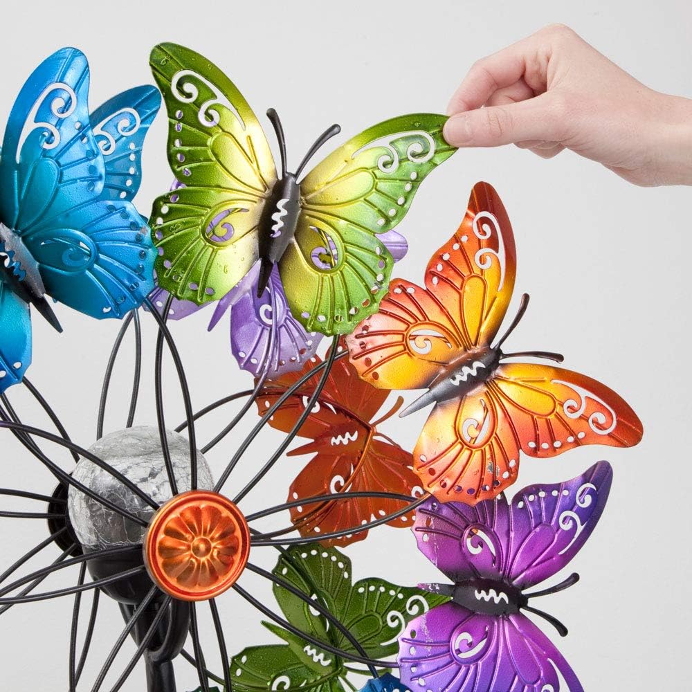 Bits and Pieces - LED Butterfly Solar Wind Spinner-Solar Powered Glass Ball Emits Color-Changing Light - Made of Metal and Steel