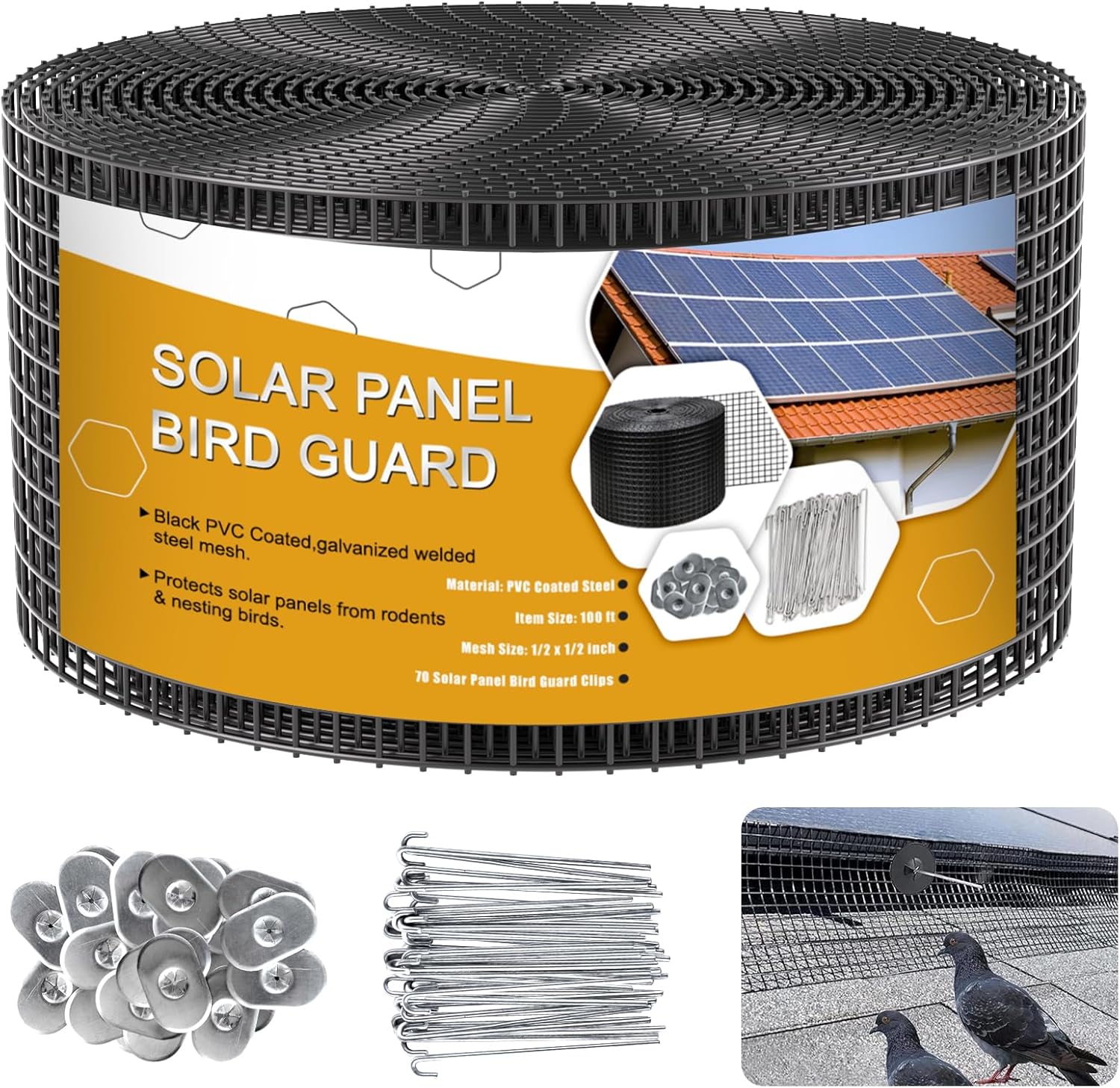 Solar Panel Bird Guard,8in x 100ft Critter Guard Galvanized PVC Coated Mesh Roll Kit,Black Pigeon Solar Panel Mesh with 70 Fastener Clips, ½ inch Wire Critter Guard for Solar Panels