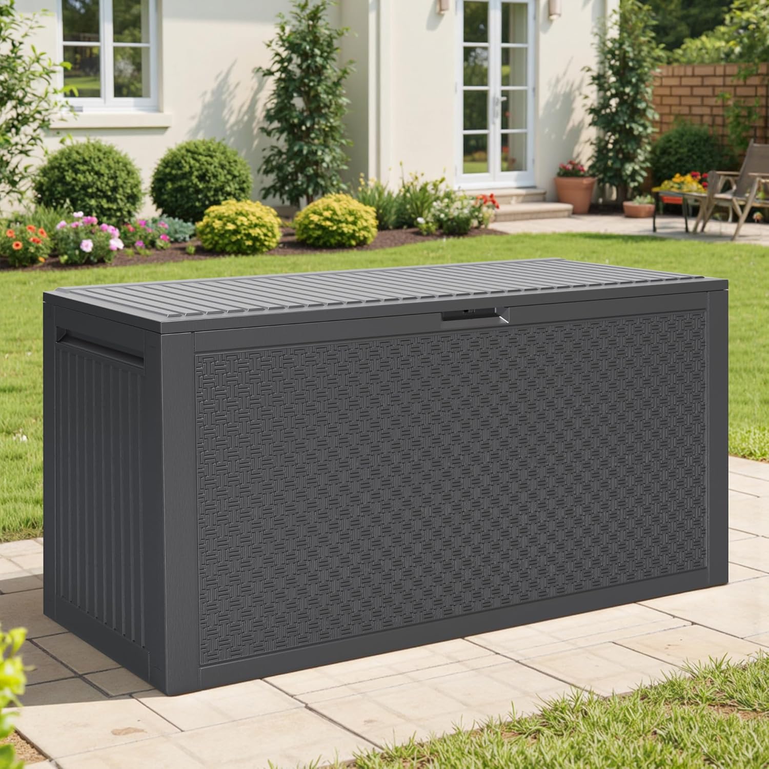 90 Gallon Outdoor Deck Box, Waterproof Outdoor Deck Box, Durable Resin Bin for Patio Cushions, Garden Tools and Pool Accessories, Lockable with UV Protection, Dark Gray, Patio Furniture