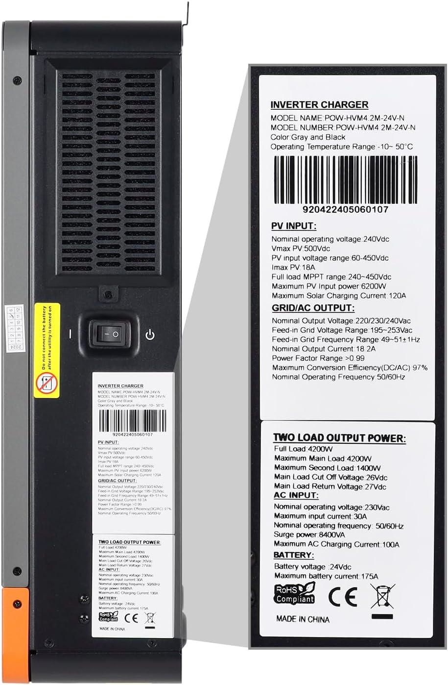 PowMr 4200W Solar Inverter 24VDC to 220V/230VAC, Pure Sine Wave All in One Hybrid Inverter with Built-in 120A MPPT Controller, for Home RV Off-Grid System, for 24V Lead Acid and Lithium Battery