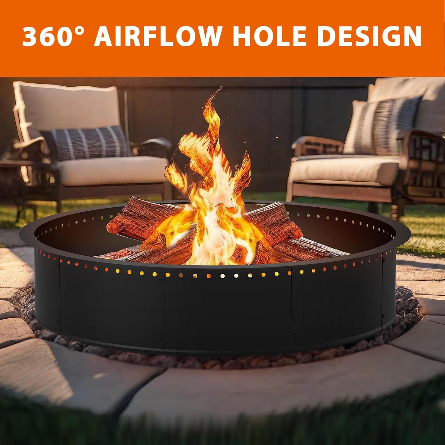 OUSHENG Smokeless Fire Pit Ring Outdoor, 45 Inch Outer 42 Inch Inner Round Wood Burning Firepit Accessories, DIY Metal Steel Liner Insert for Bonfire Outside Camping Above or In Ground