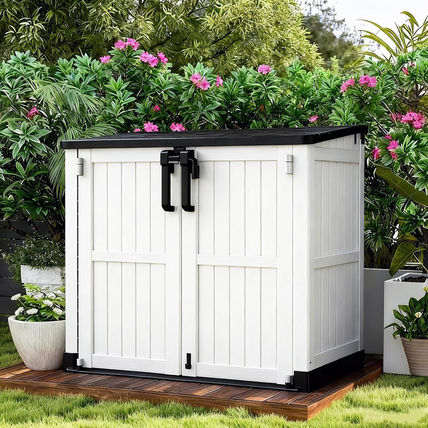 LHBcraft Outdoor Storage Cabinet 36 Cu Ft with Lockable Doors, Portable Horizontal Resin Storage Shed - Easy to Assemble, Waterproof Small Storage Shed with Floor
