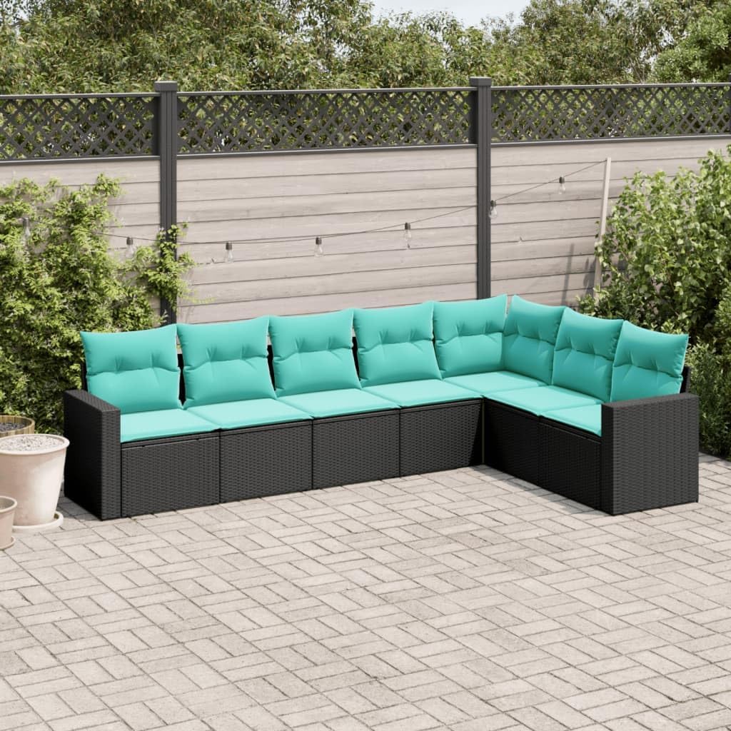 7-Piece Garden Sofa Set, Black Blue Poly Rattan, Powder-Coated Steel, Outdoor Patio Furniture, Modular Seating for Balcony & Terrace