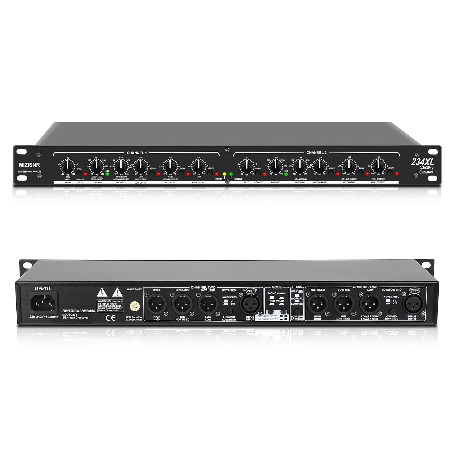 Professional 2/3 Way Stereo/4 Way Mono Crossover with XLR Input and Output, Stereo Audio Sound Processing for PA System with Subwoofer